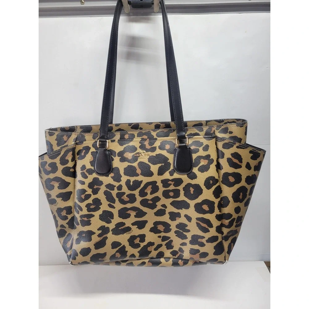 Coach Leopard Print Tote Bag Black Leather Straps purse‎